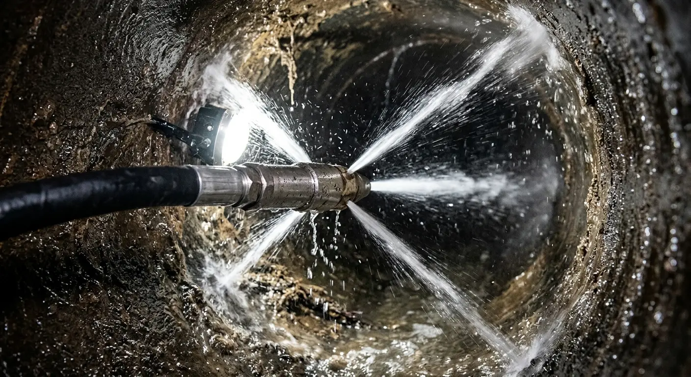 High-pressure hydro jetting nozzle cleaning sewer pipe for Emergency Drain Service in Walkertown