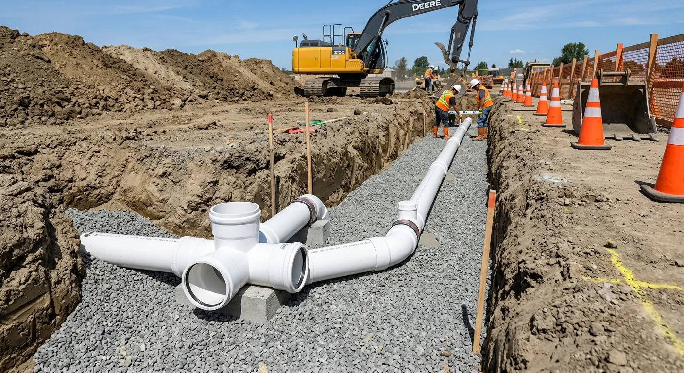 New PVC sewer pipe installation in open trench for Commercial Drain Cleaning in Walkertown
