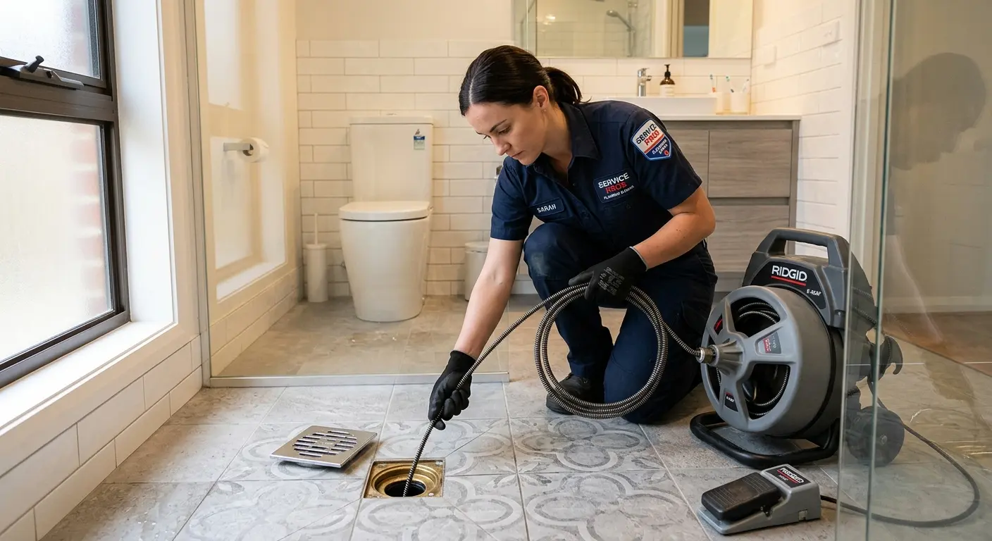 Technician clearing a bathroom floor drain for Clogged Drain Repair in Walkertown